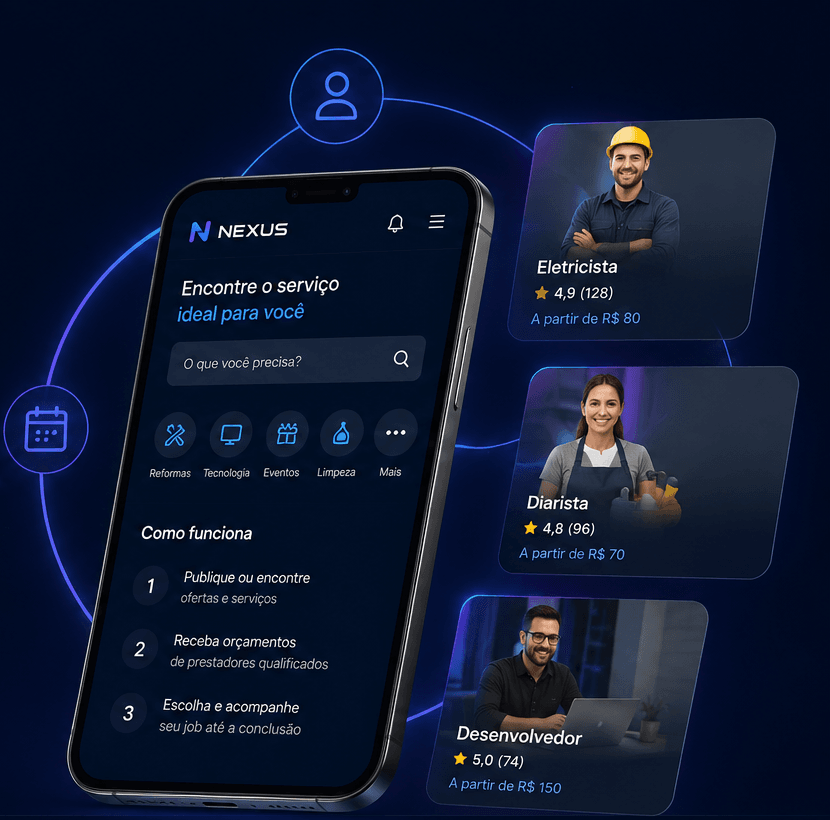 Aplicativo Nexus em um celular mostrando busca de serviços, ao lado de cartões de prestadores avaliados como eletricista, diarista e desenvolvedor